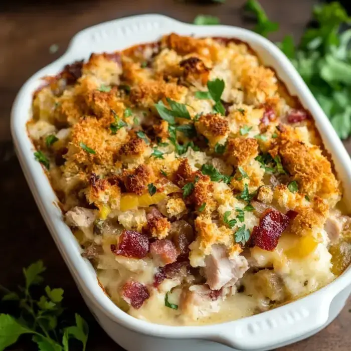 A crunchy-topped bake with herbs, chunks of chicken, and a creamy filling peeking out.