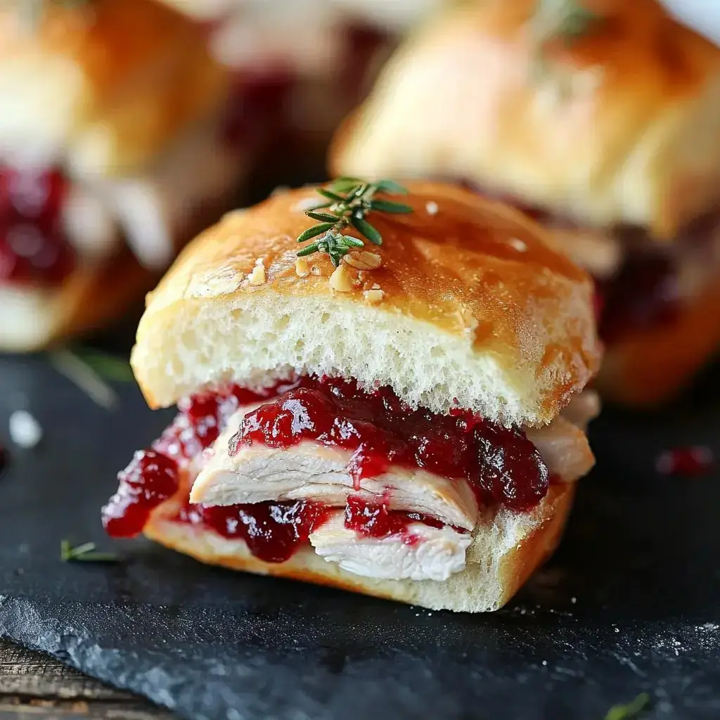 Zoomed in on a stacked sandwich with chicken, cranberry, and a little rosemary on a dark background.