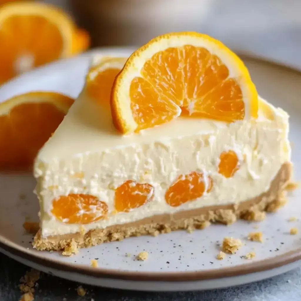 A thick slice of soft orange-filled cheesecake on a plate, decorated with orange pieces and showing lots of mandarin bites inside the slice.