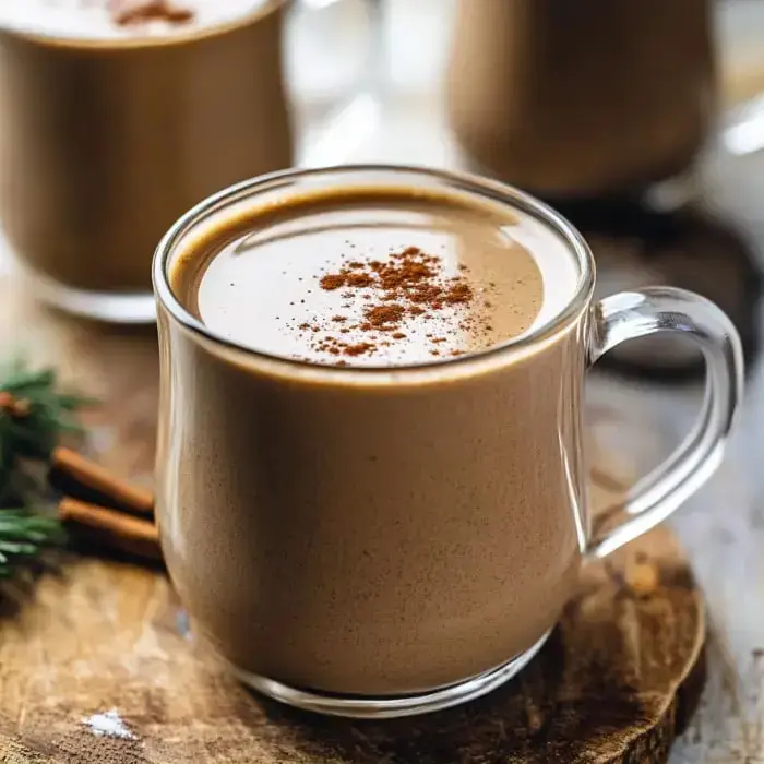 A glass mug with a creamy chocolate drink, dusted with cinnamon, rests on wood with cinnamon sticks and fresh greenery nearby.