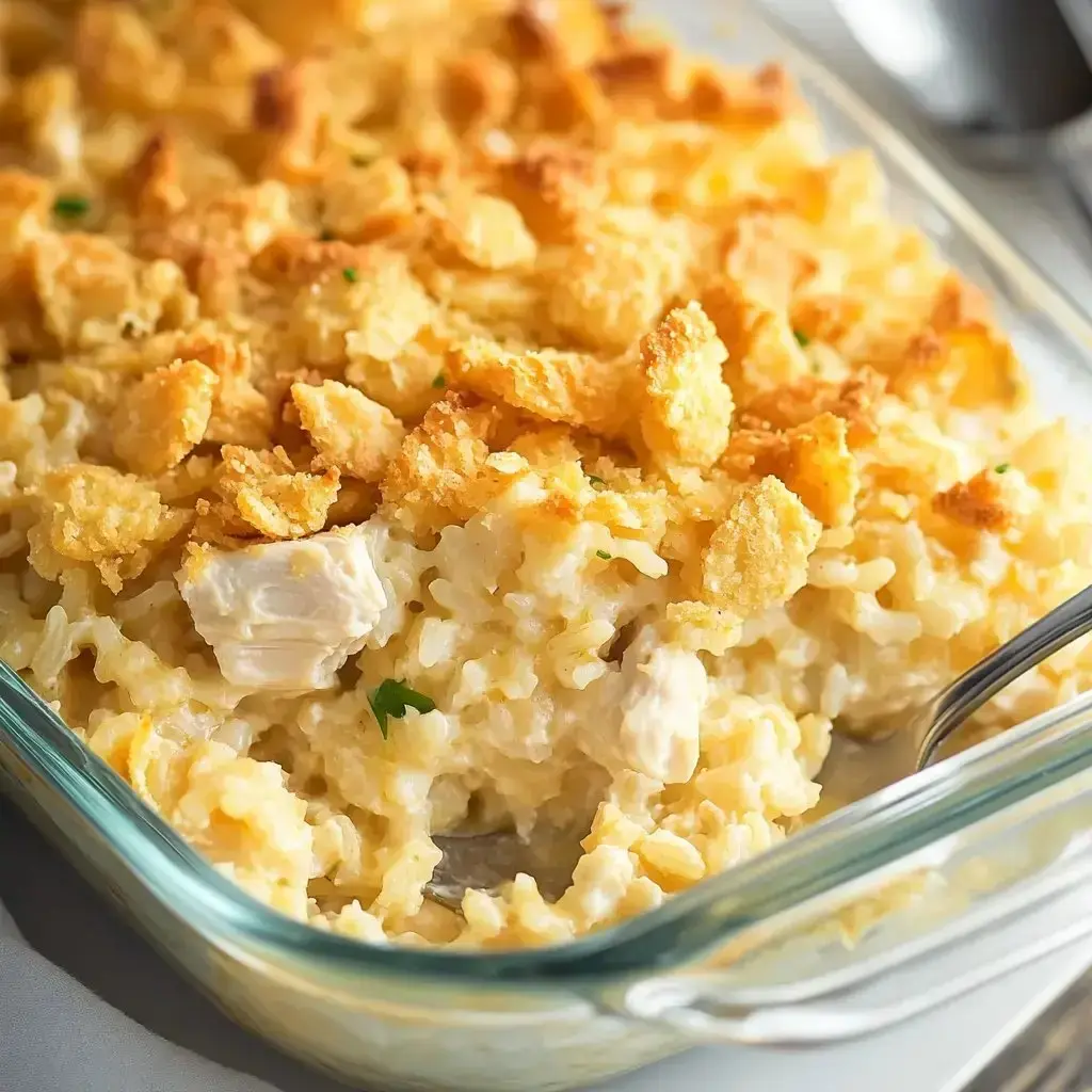 A glass baking dish stuffed with cheesy, creamy chicken and rice all underneath a blanket of crunchy cracker bits.