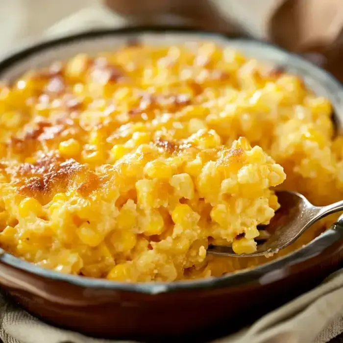 Golden-topped creamy corn casserole in a serving dish with a spoon, close-up view.