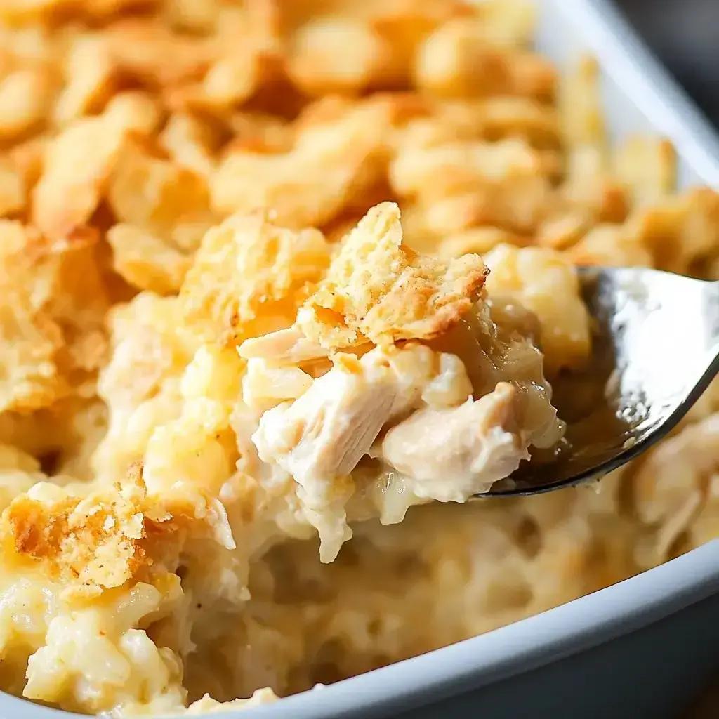 A scoop of cheesy chicken and macaroni bake with crispy cracker topping.