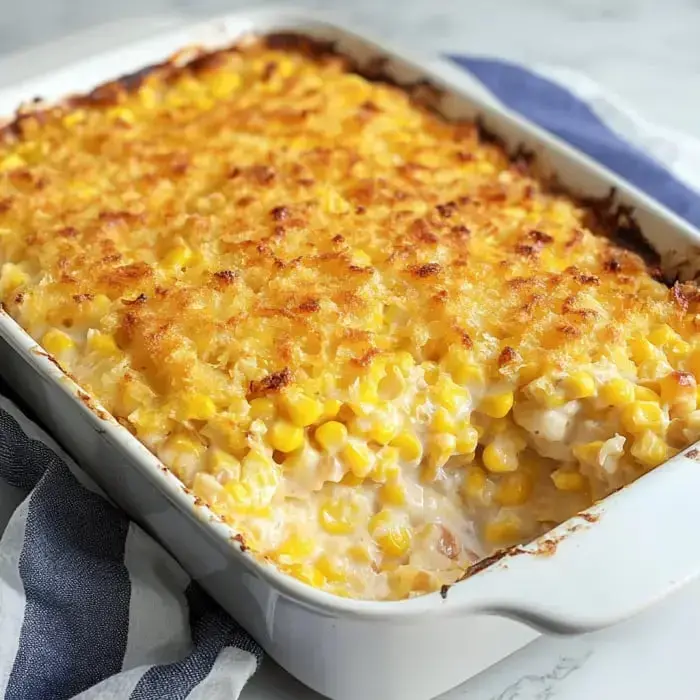 Golden casserole fresh out of the oven with crunchy topping and juicy corn peeking through.