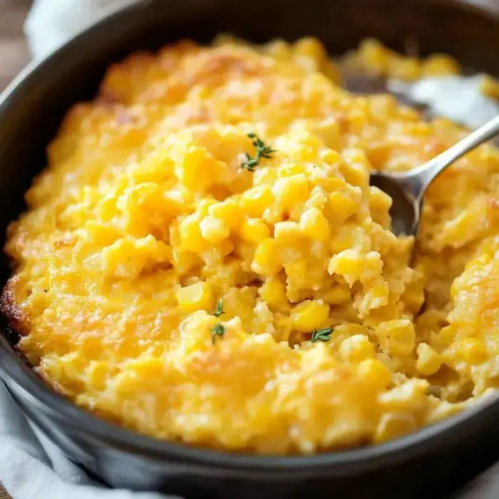 Creamy corn casserole close-up, showing a golden cheesy top and thyme sprigs for garnish.