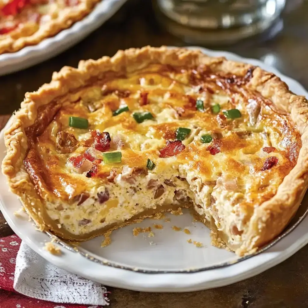 Golden-baked quiche loaded with ham and cheese, topped with green onions, with a slice taken out.