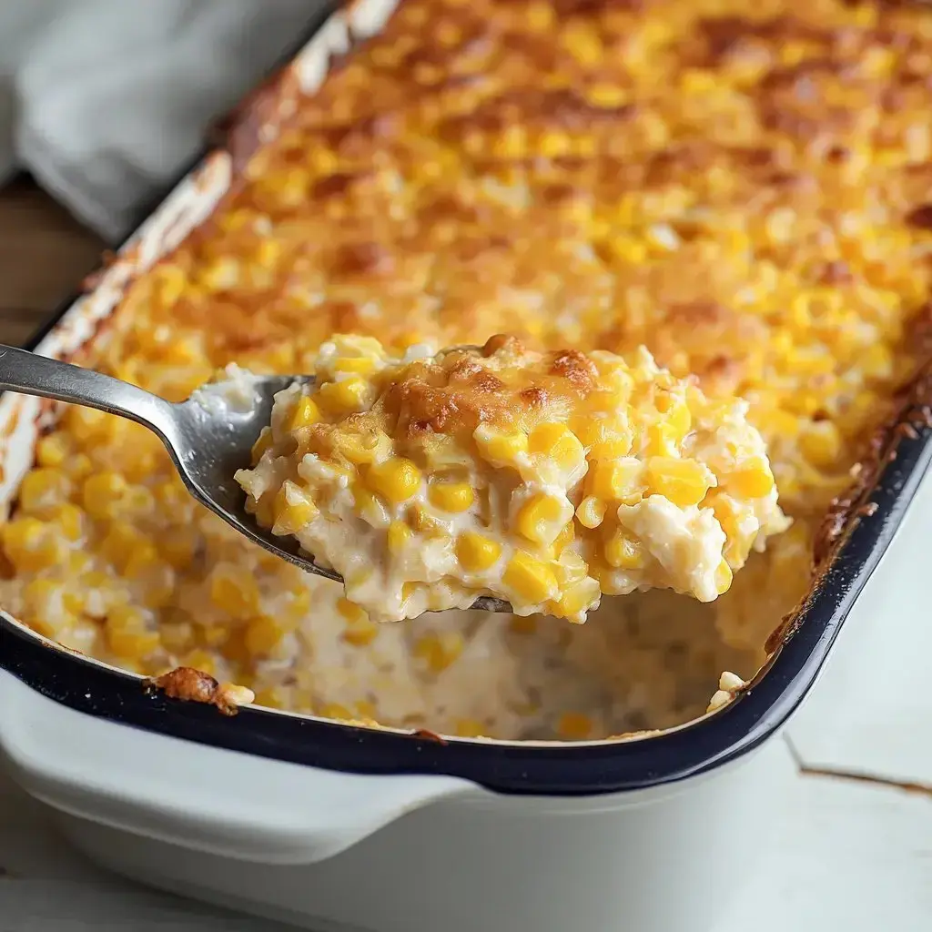 A scoop of gooey, cheesy corn casserole being served, showing all the creamy layers and golden corn.