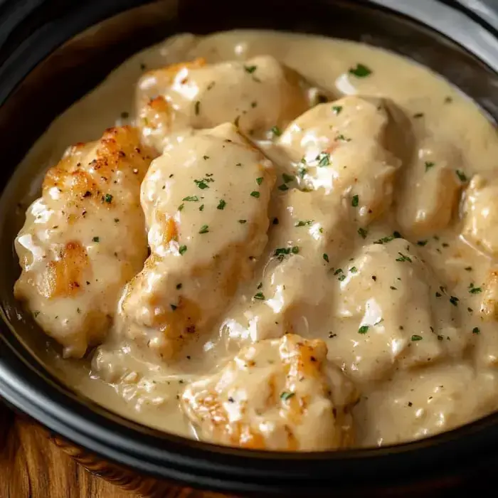 Tender chicken drenched in creamy sauce with a sprinkle of herbs, all nestled in a black bowl.