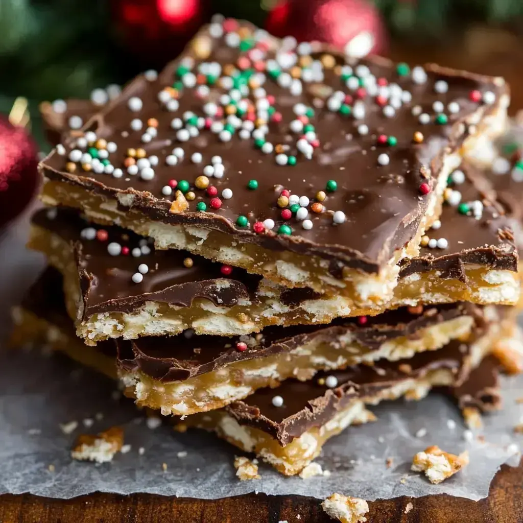 Chocolate toffee bars with sprinkles, piled high and ready to share at a festive table.