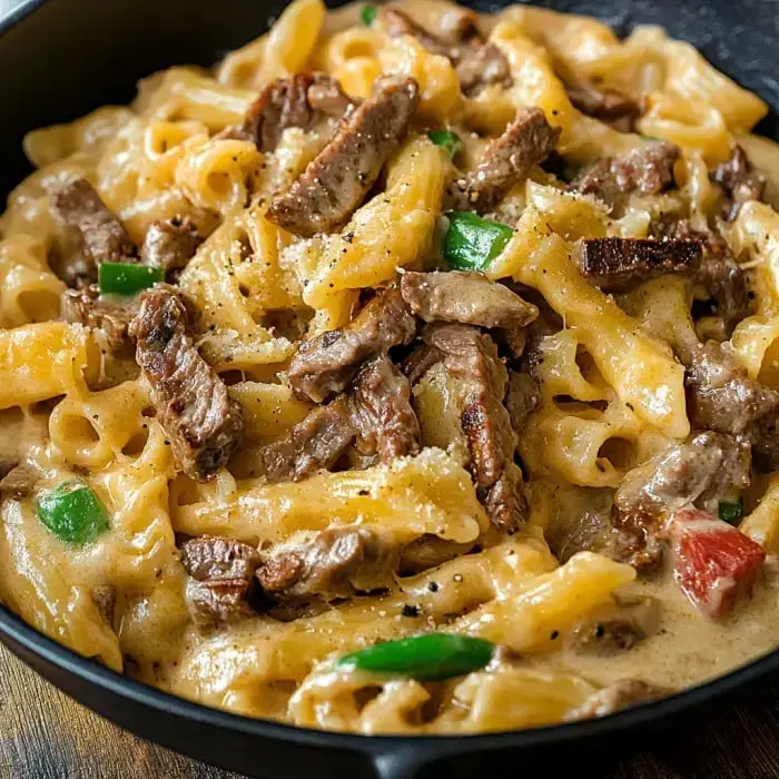 A bowl filled with creamy noodles, strips of steak, and green peppers, all saucy and rich.