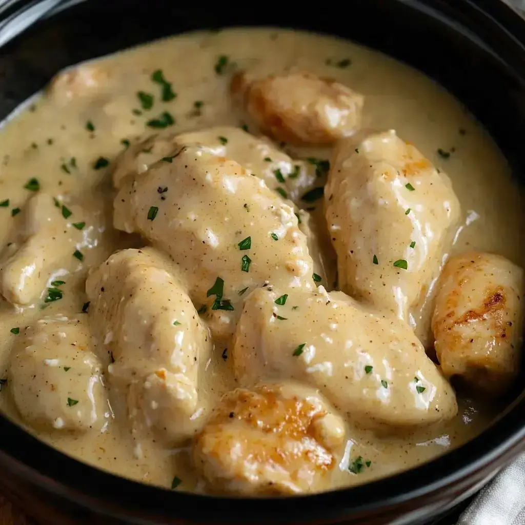 Creamy dumplings nestled in sauce, topped with chopped parsley in a bowl.