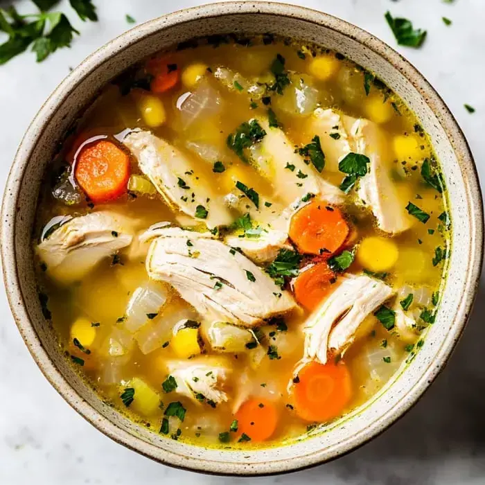 A steaming bowl loaded with shredded chicken, chunky carrots and corn, floating in clear broth with a sprinkling of herbs.
