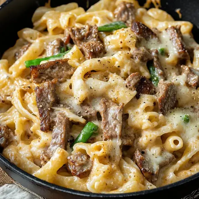 Creamy noodles piled with beef pieces, peppers, and melted cheese on top.
