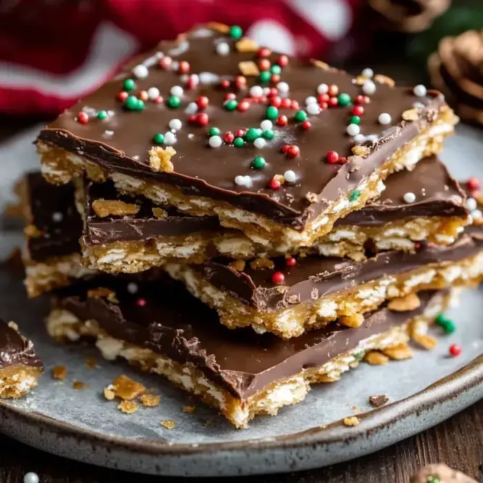 Holiday chocolate bars with bright sprinkles stacked on a gray dish, perfect for sharing.