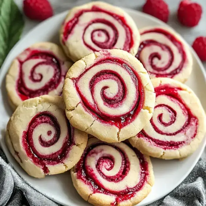 A plate showing spiral cookies swirled with raspberry jam, surrounded by some fresh raspberries.