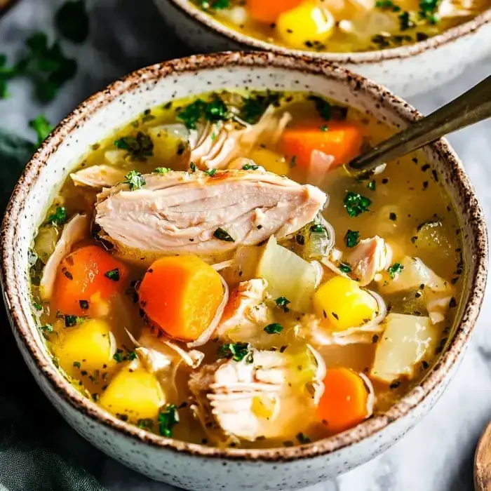 A generous bowl of chicken soup packed with potatoes, carrots, and fresh herbs sitting right on top.
