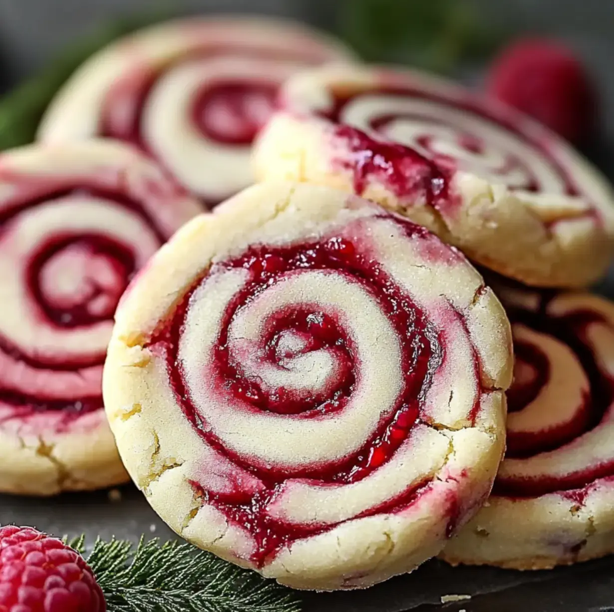 A close view of spiral cookies filled with raspberry, topped with raspberries and sprigs of greenery.
