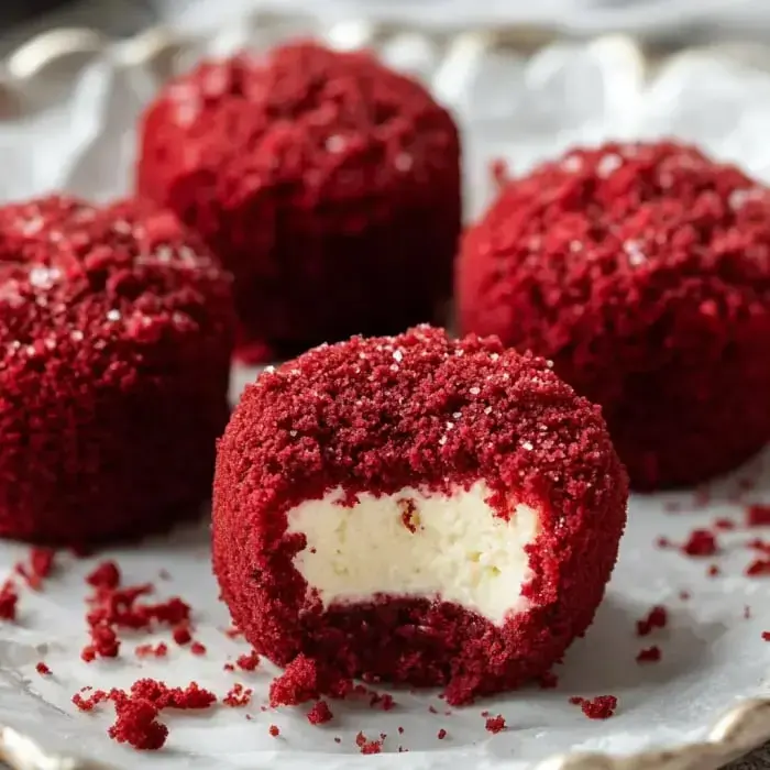 A close-up of red velvet cake balls with a creamy white middle, some missing a bite, all spread out on a patterned plate.