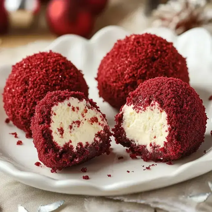 Three tasty red velvet balls on a plate, one sliced to show off the smooth inside, all looking extra tempting.