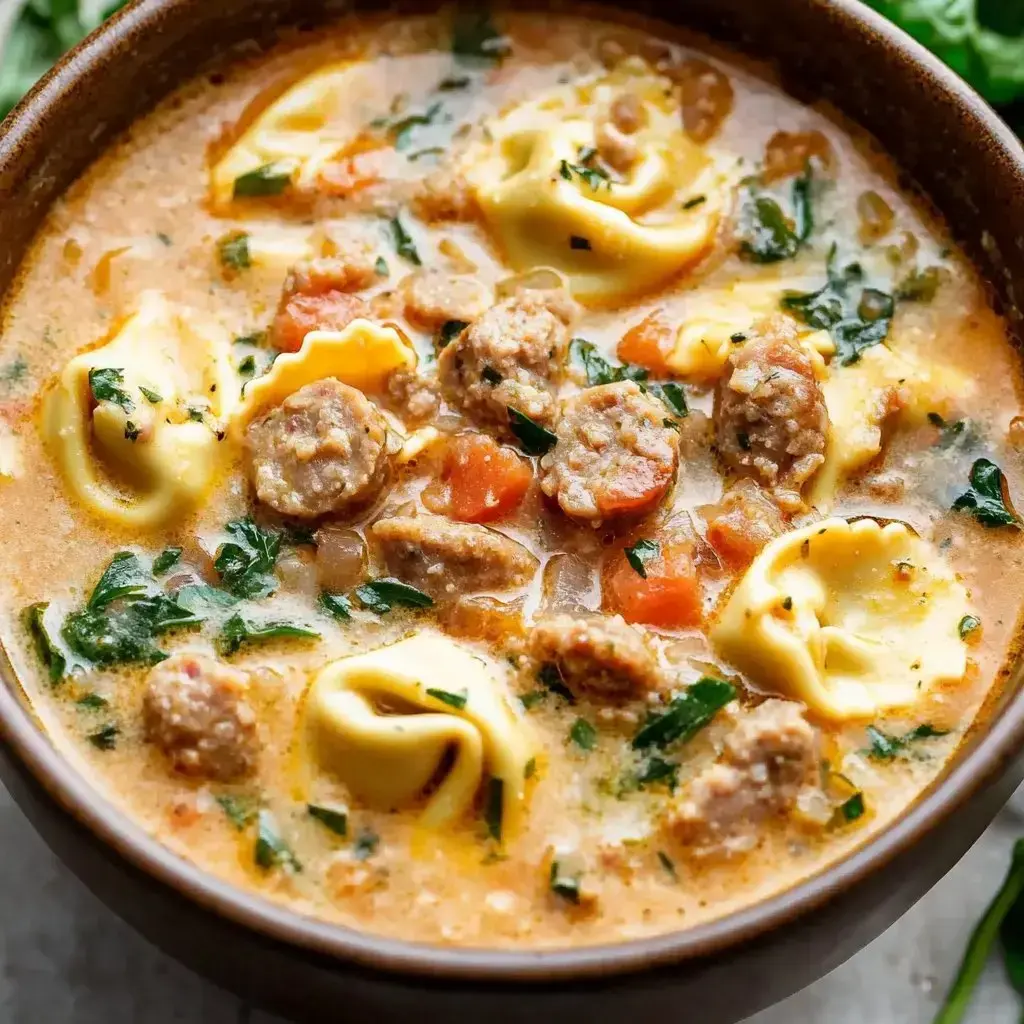 A big bowl of thick, creamy soup loaded with tortellini, sausage, carrots, and leafy spinach.