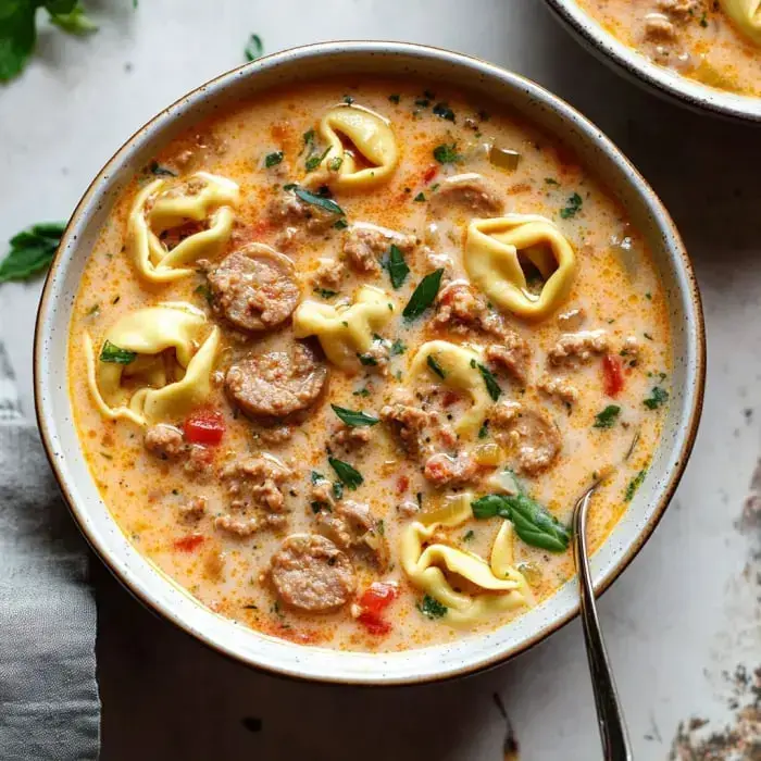 Steaming soup full of sausage, tortellini, and fresh greens in a cozy bowl.