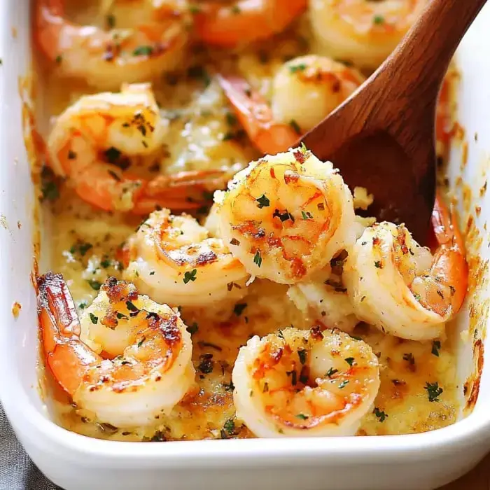 Shrimp baked in a white dish with fresh herbs and a wooden spoon at the side ready to scoop some up.
