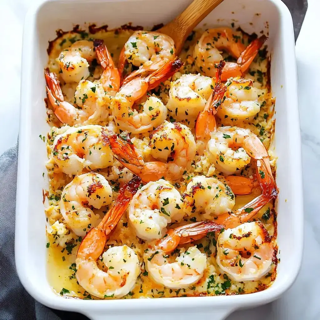 Juicy shrimp with fresh herbs in a white casserole fresh from the oven and ready to share.