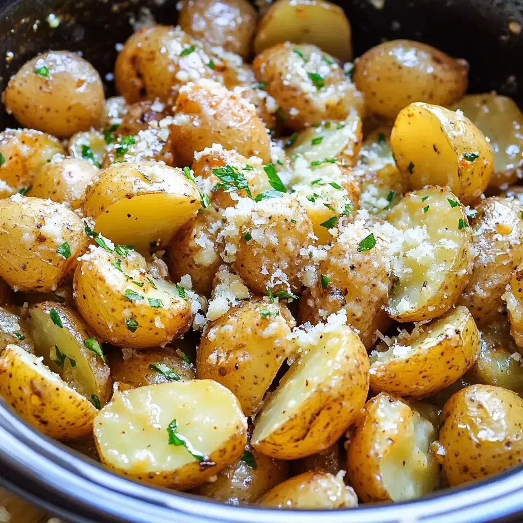 Zoom in on some baby potatoes—some sliced—in a pile, with cheese and herbs on top.