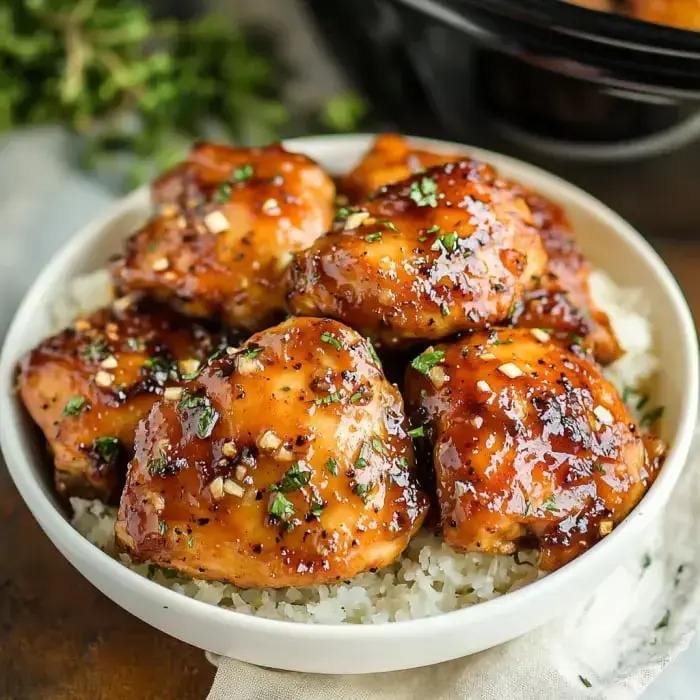 Glazed chicken thighs on rice showered with fresh green herbs looking super tasty.