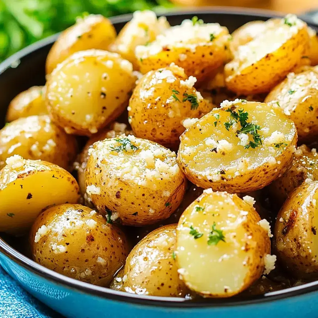 Zoomed in on cut boiled potatoes with cheese and herbs in a deep blue serving bowl.