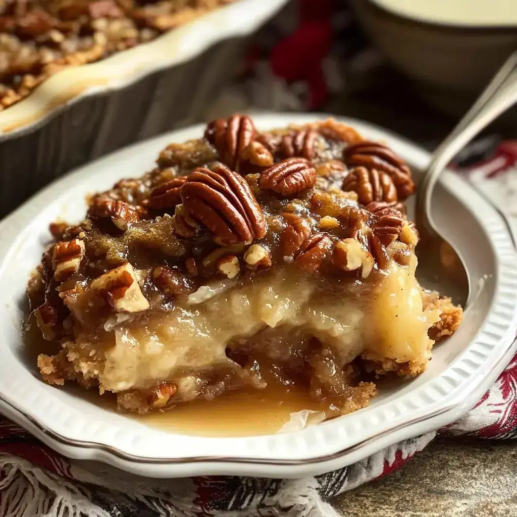 Layered dessert piece with pecans and gooey filling sits on a plate showing its flaky crust layers.