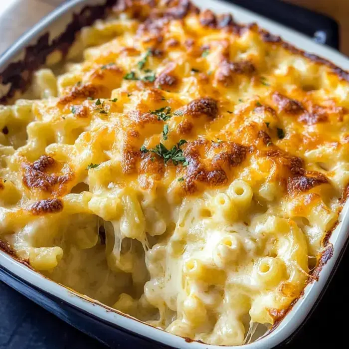 Cheesy baked mac topped with crispy golden cheese and a sprinkle of parsley.