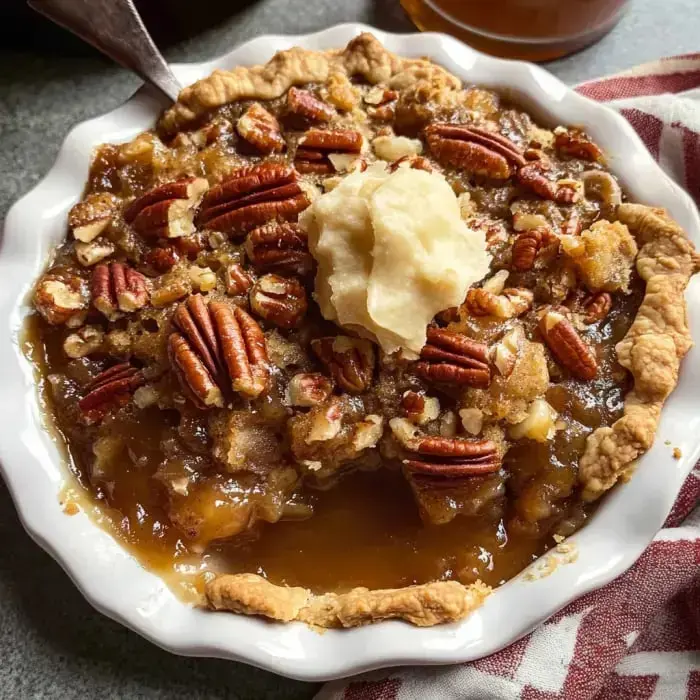 Freshly baked pie with pecans and whipped cream in a bright white dish up close.