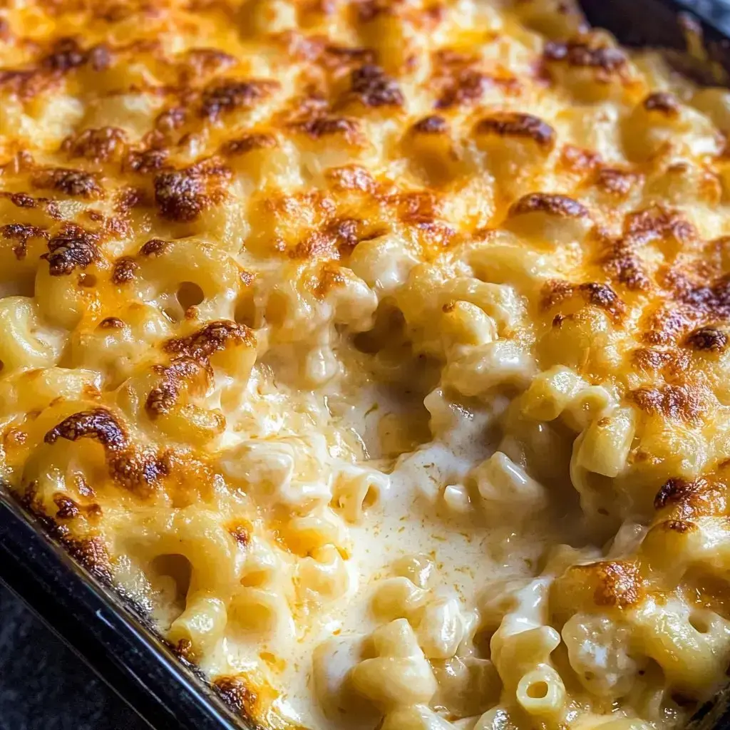 Creamy baked mac and cheese close-up with a golden, crunchy crust.