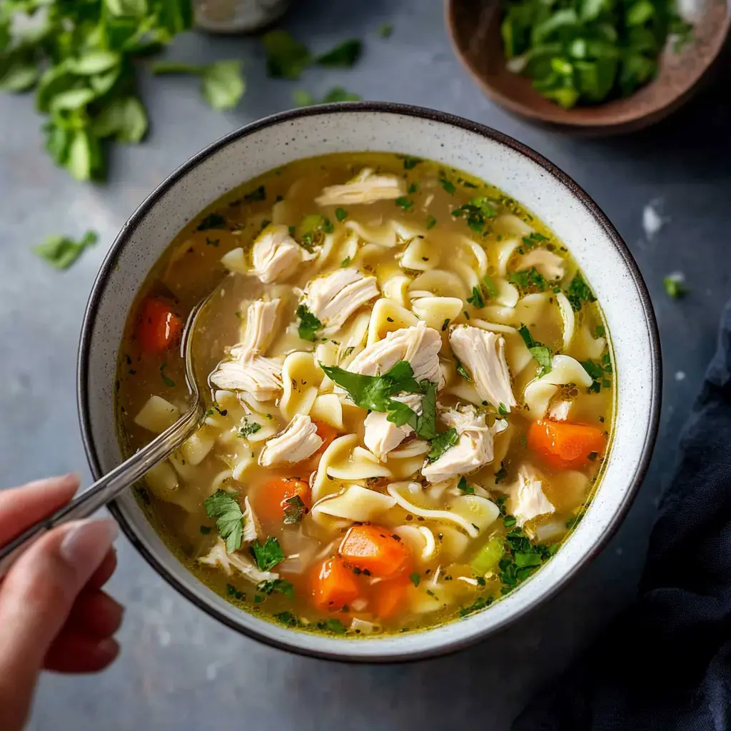 Chicken noodle soup piled with carrots and herbs, resting in a bowl with a spoon and a fresh cilantro sprinkle on top.