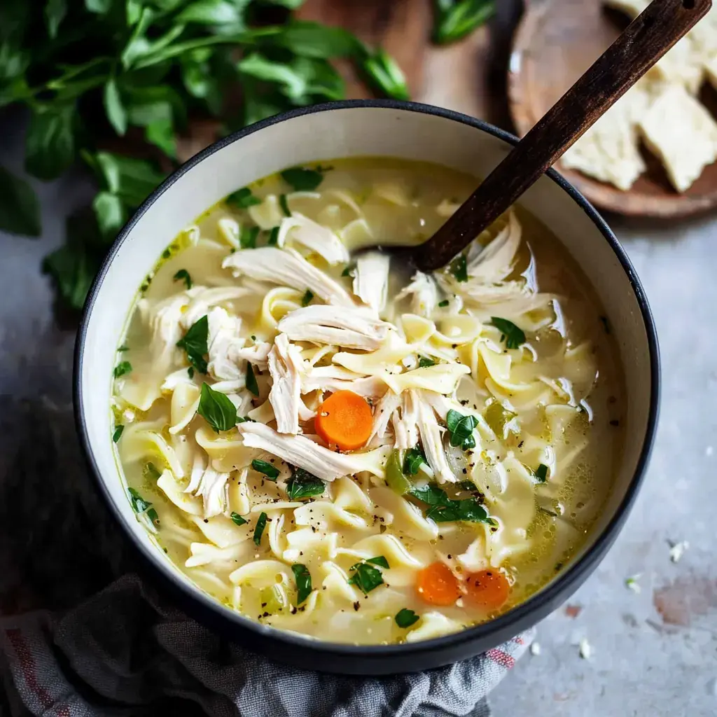 A hearty bowl full of chicken noodle soup loaded with pulled chicken, noodles, carrots, and parsley—served up with a wooden spoon.