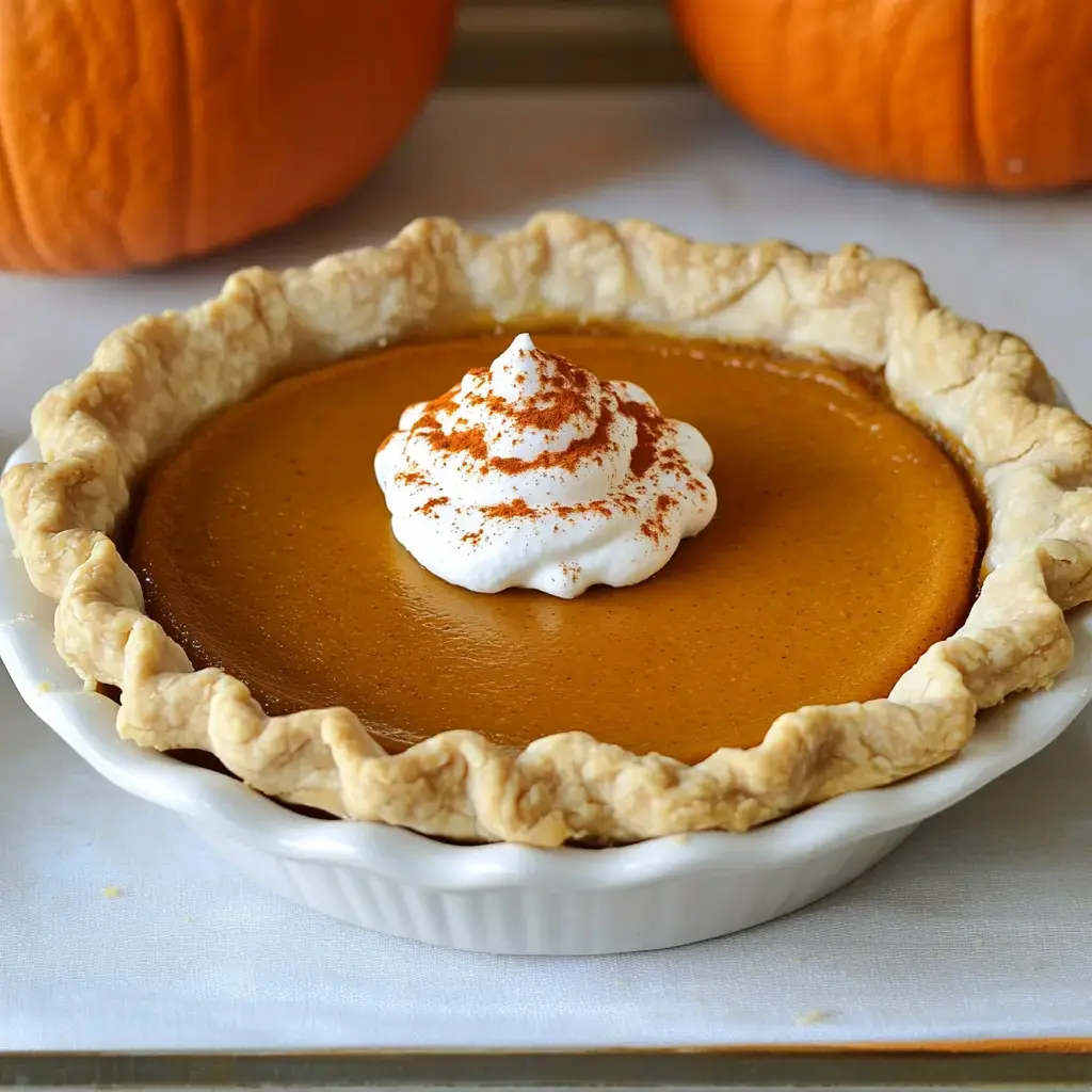 A pumpkin pie with a swirl of whipped cream and cinnamon dusting, pumpkins in the background.