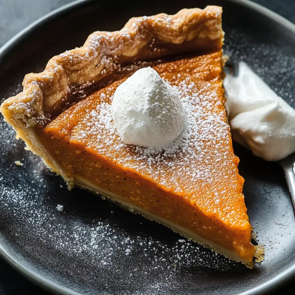 Pumpkin pie slice with whipped cream and powdered sugar on a black plate.