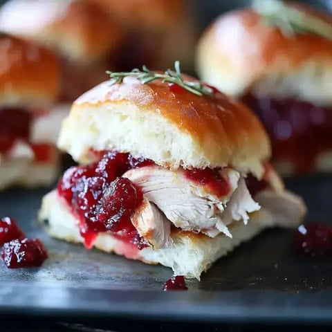 Slider sandwich filled with shredded chicken and cranberry, plus rosemary on top.