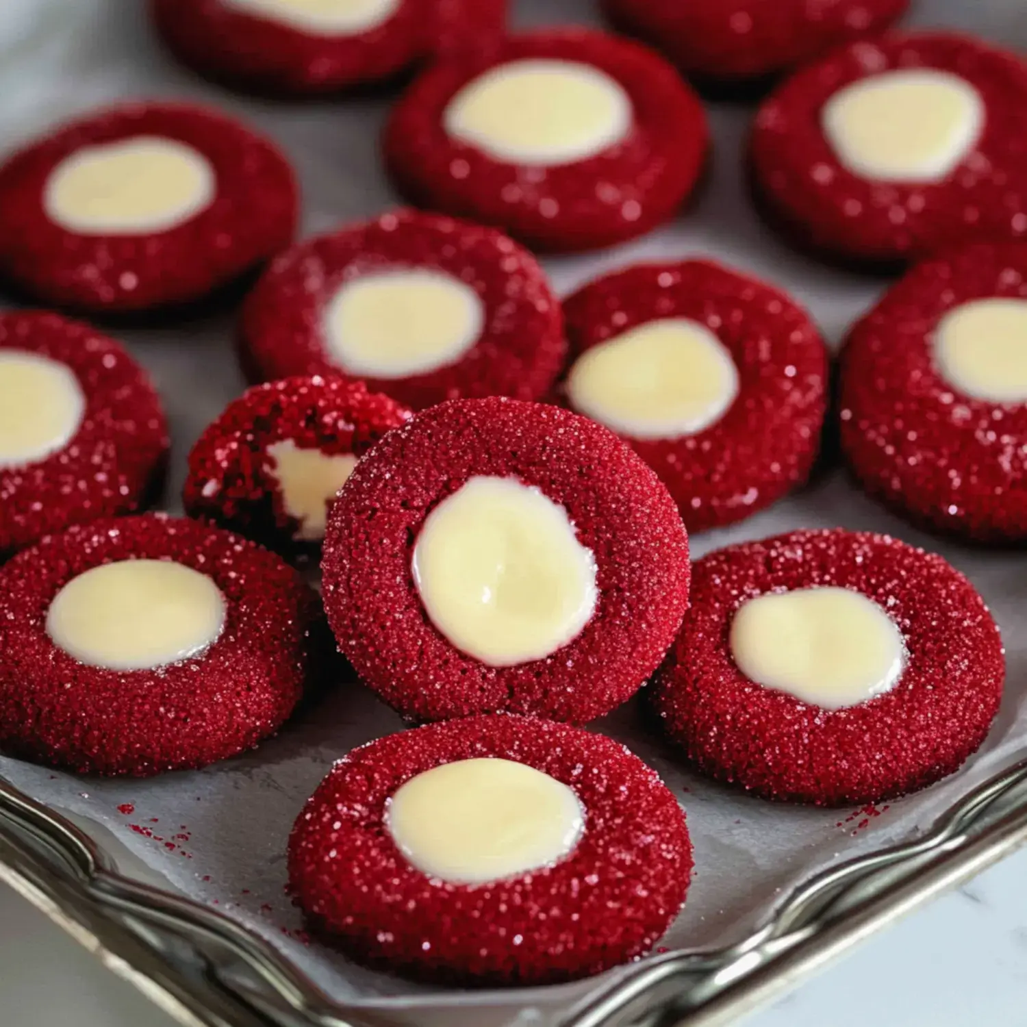 A plate of red sparkly cookies with white creamy middles, a few cookies look partially eaten.