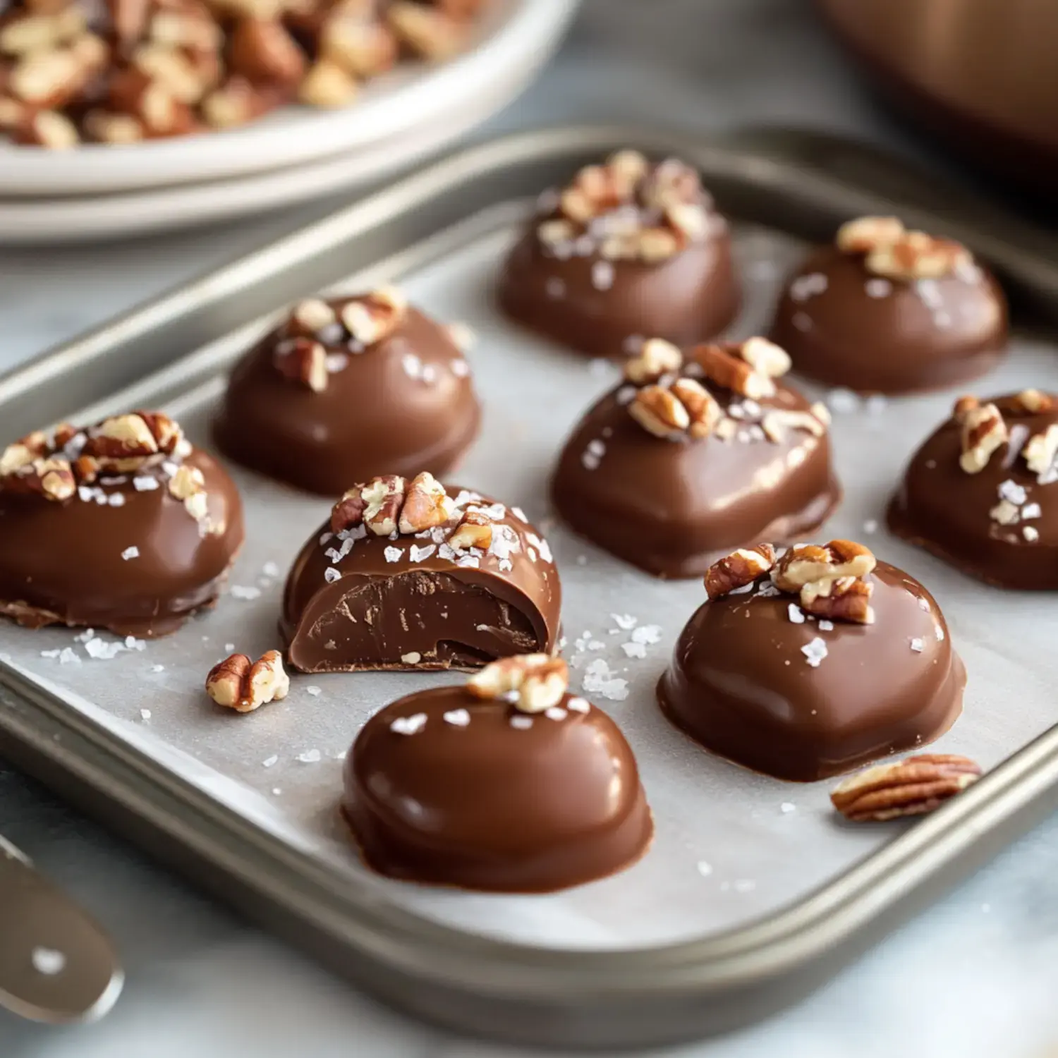 A plate of chocolate candies with pecans on top and sea salt sprinkles, with one candy cut open showing the gooey center.