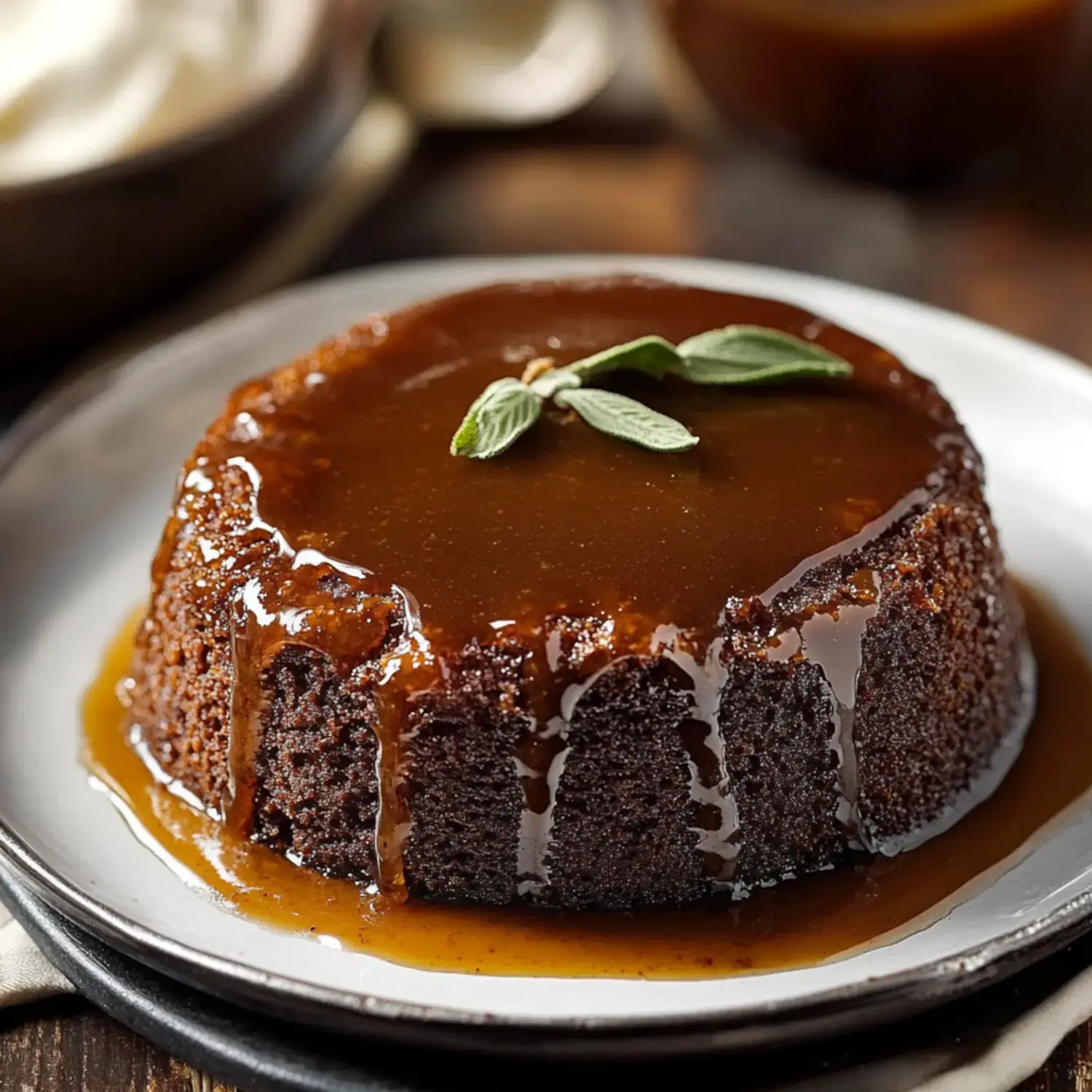 A dark moist cake with shiny brown sauce and a green garnish served on a white plate.