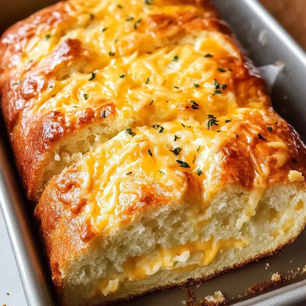 A warm loaf with golden cheese crust cut open to show its light texture inside, sprinkled with fresh herbs on top.
