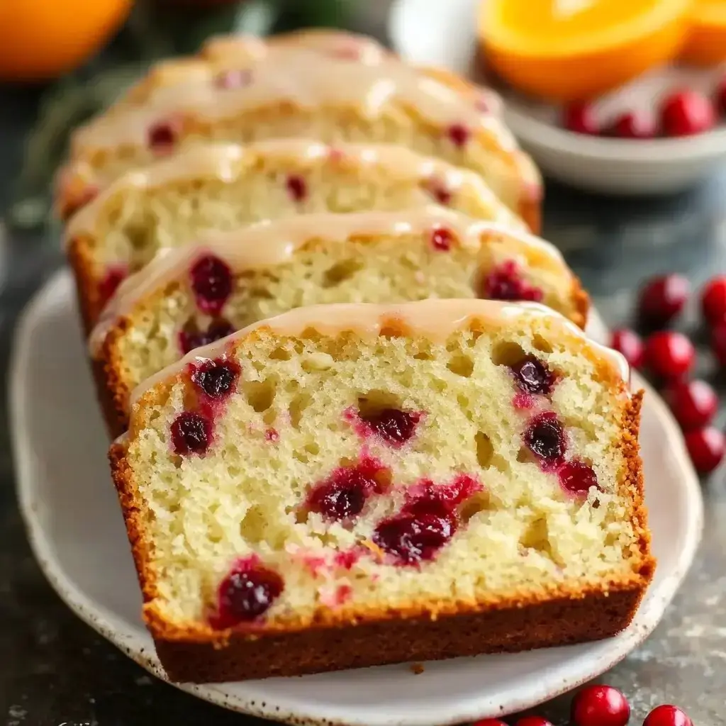 A cut loaf of cranberry bread with topping, shown on a dish with fresh cranberries and an orange nearby.