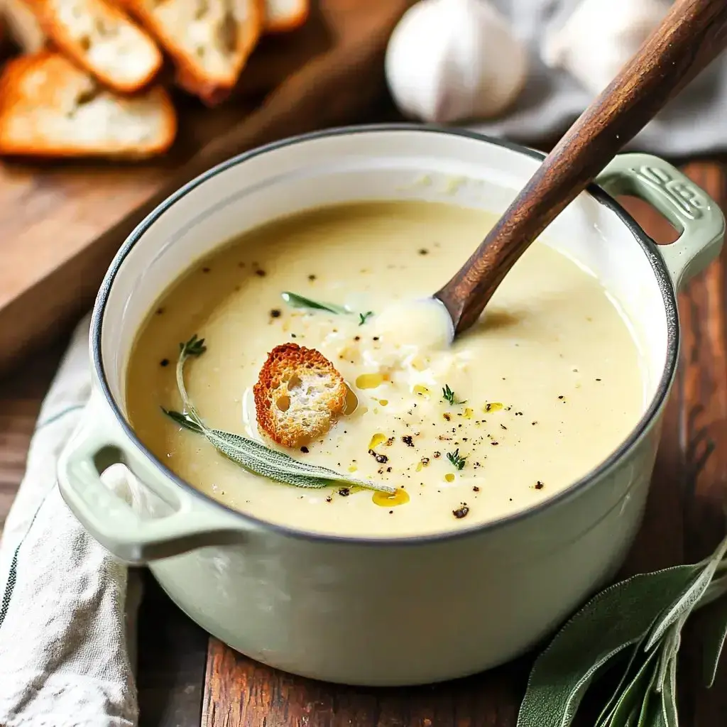A creamy soup bowl topped with herbs and crusty bread, with garlic and bread on the side.