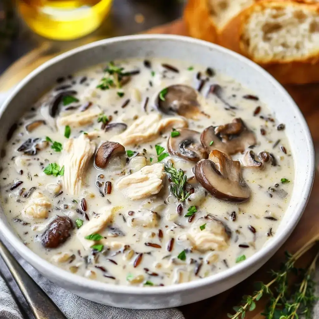 A bowl of chicken and wild rice soup with mushrooms and herbs served with bread.