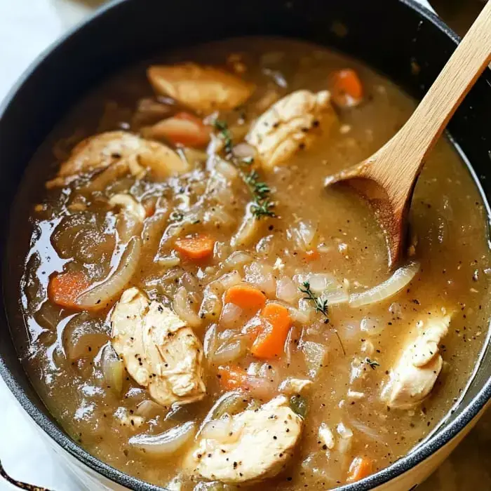 Close-up of a hearty chicken and onion dish, with carrots and herbs in a rich broth.