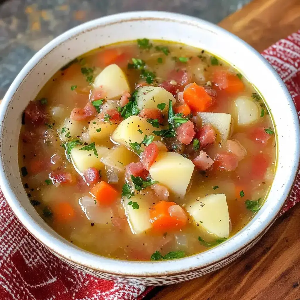 A hearty potato soup with bacon, herbs, and vegetables in a bowl on a wooden table with a red patterned cloth.