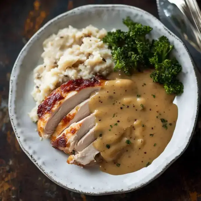 Sliced turkey topped with gravy, mashed potatoes, and broccoli on a plate.