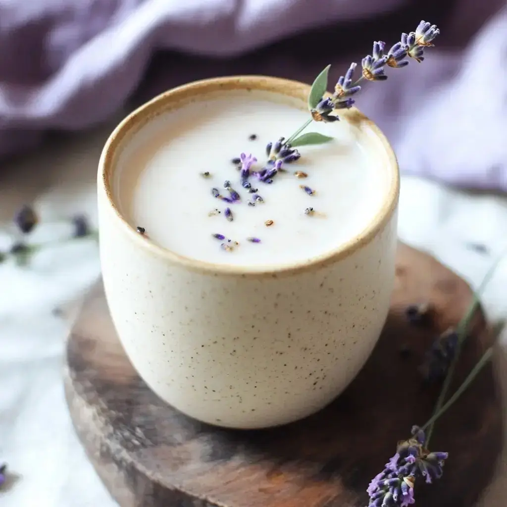 A warm mug of creamy lavender tea resting on a rustic wooden board, surrounded by lavender sprigs and soft purple fabric.